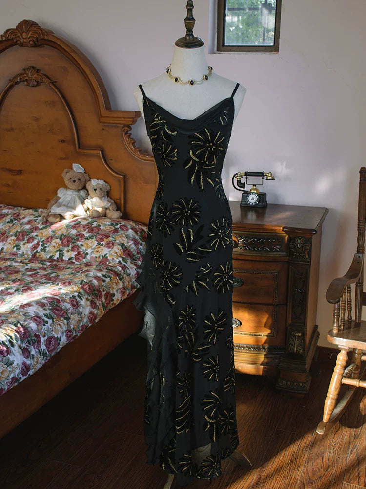 Vintage 1960s Mermaid Spaghetti Straps Black Chiffon Prom Dresses Inspiration Long Party Evening Dress 18th Birthday Outfits AB2387