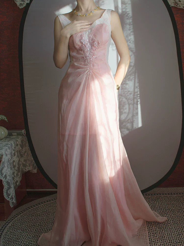 Vintage 1960s Mermaid V Neck Pink With Ruffles Lace Prom Dresses Inspiration Long Party Evening Dress 18th Birthday Outfits AB2379