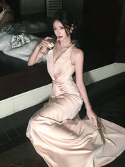 Modest A Line Halter Pink Satin Backless Prom Dresses Wedding Guest Dress 20th Birthday Outfits AB2458