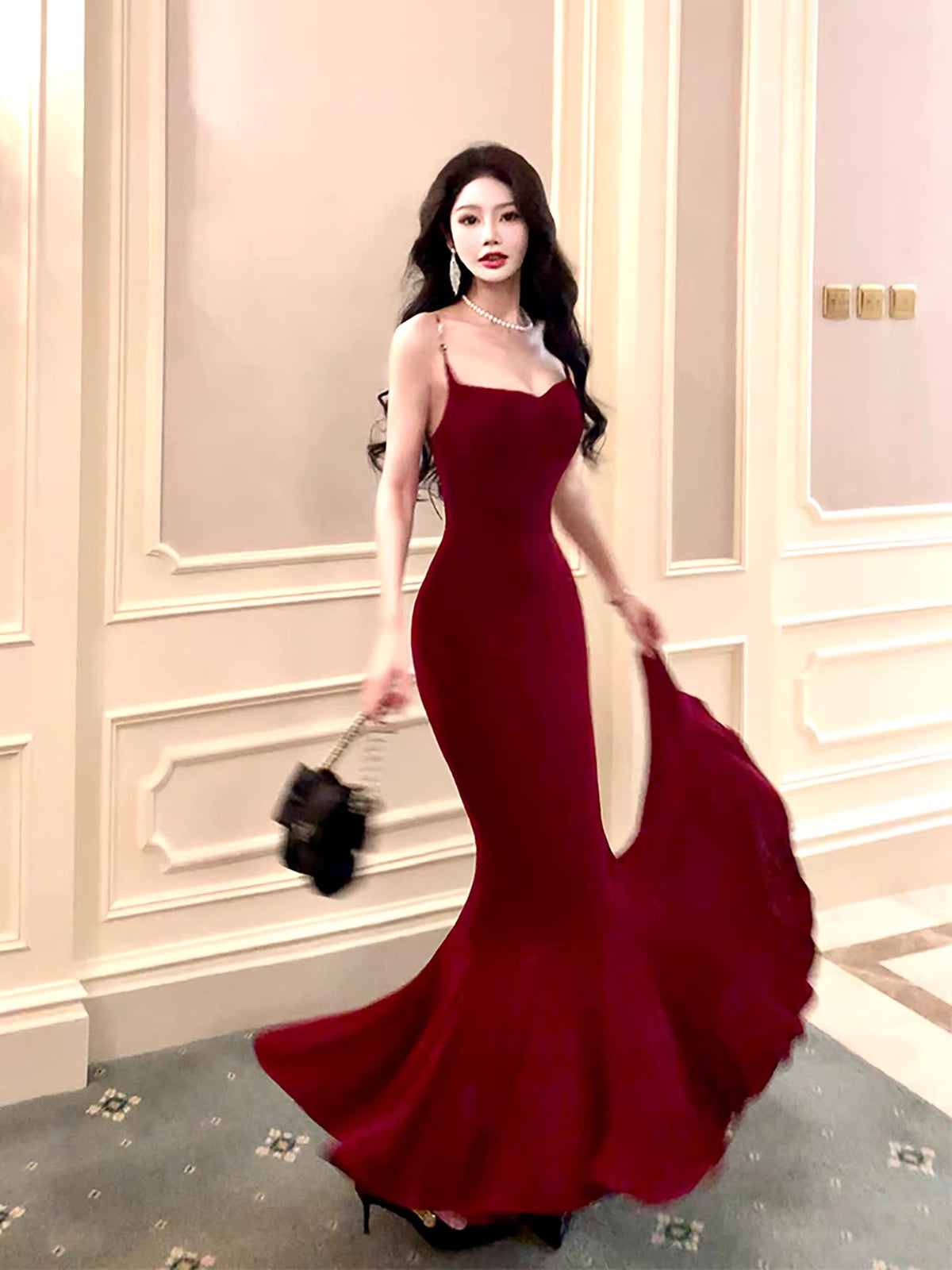 Modest Mermaid Spaghetti Straps Burgundy Long Prom Dresses Wedding Guest Dress 20th Birthday Outfits AB2493