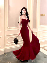 Modest Mermaid Spaghetti Straps Burgundy Long Prom Dresses Wedding Guest Dress 20th Birthday Outfits AB2493