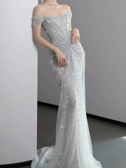 Modest Mermaid Off The Shoulder Silver Sequins With Pleated Prom Dresses Inspiration Long Party Night Evening Dress 19th Birthday Outfits AB2271