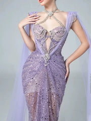 Sparkly Mermaid Evening Dress Halter Lilac Sequins Prom Dress Long Party Dress 21st Birthday Outfits AB2317