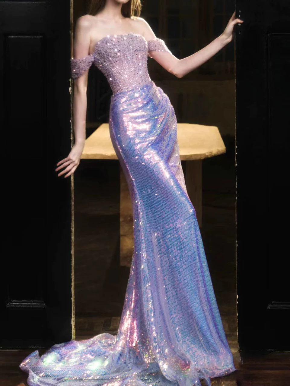 Elegant Mermaid Off The Shoulder Lilac Sequins Prom Dresses Inspiration Long Party Evening Dress 19th Birthday Outfits AB2305