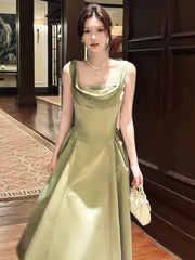 Elegant A line Square Neck Green Satin Ankle Length Prom Dresses 17th Nigh Party Birthday Outfits AB2481