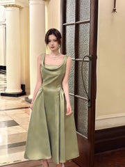 Elegant A line Square Neck Green Satin Ankle Length Prom Dresses 17th Nigh Party Birthday Outfits AB2481
