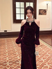 Sexy Mermaid Jewel Neck Burgundy Velvet Long Sleeves Ankle Length Prom Dresses Wedding Guest Dress 22th Birthday Outfits AB2499