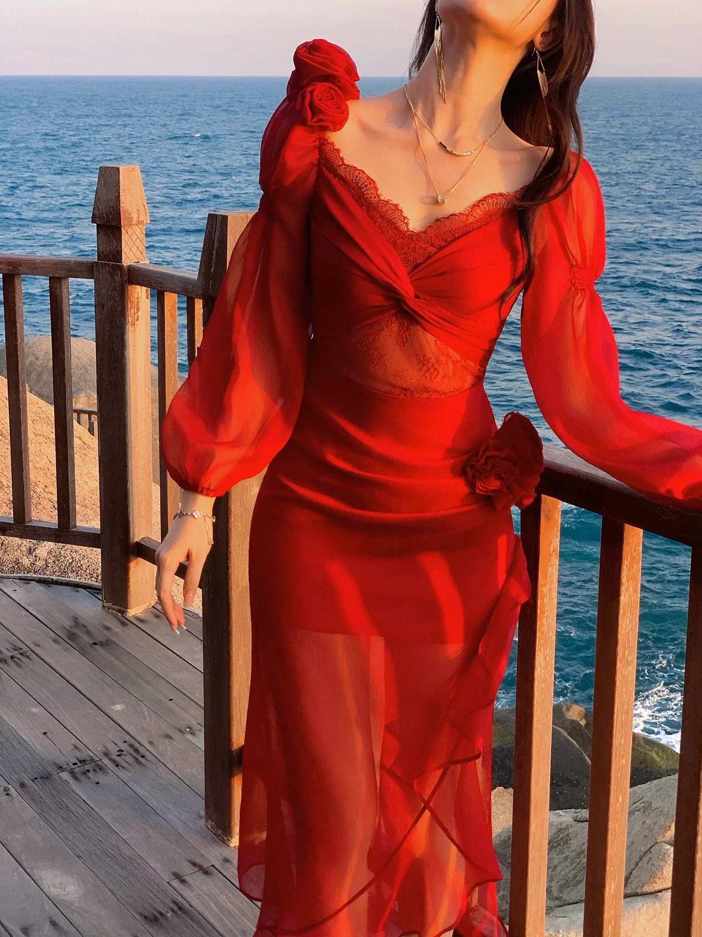 Modest Mermaid Sweetheart Red Satin Long Sleeves Prom Dresses Wedding Guest Dress 16th Birthday Outfits AB2447