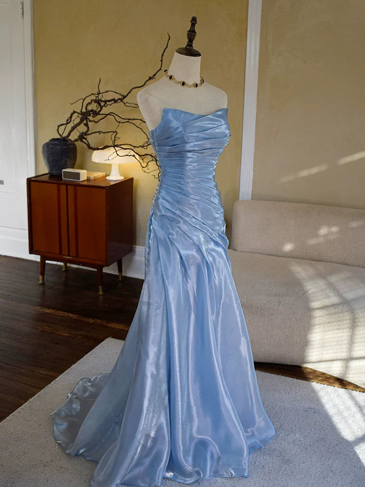 Vintage Mermaid Strapless Blue Long Prom Dresses With Pleated Inspiration Party Night Evening Dress 18th Birthday Outfits AB2369