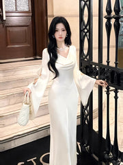 Sexy Mermaid Cowl Neck White Satin Ankle Length Prom Dresses Wedding Guest Dress 20th Birthday Outfits AB2483