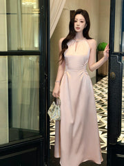 Sexy A line Scoop Neck Pink Satin Prom Dresses Wedding Guest Dress 20th Birthday Outfits AB2468