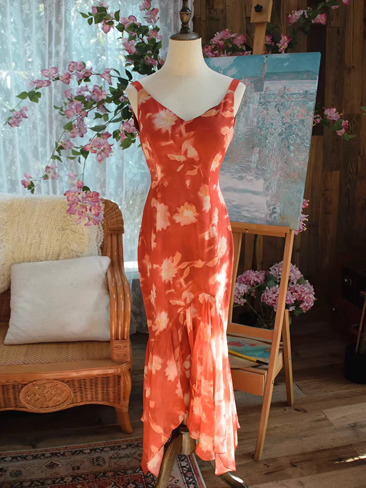 Vintage 1950s Mermaid V Neck Floral Chiffon With Scarf Prom Dresses Inspiration Long Party Evening Dress 18th Birthday Outfits AB2378