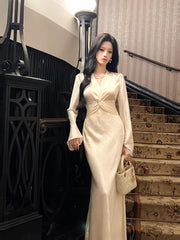 Sexy Mermaid V Neck White Satin Ankle Length Prom Dresses Wedding Guest Dress 22th Birthday Outfits AB2490
