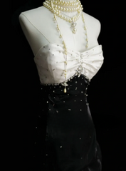 Chic Formal Mermaid Spaghetti Strap White Tops Black Skirt Satin With Beads Style Impress Long Prom Dresses Party Gowns OB033