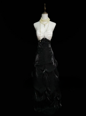 Chic Formal Mermaid Spaghetti Strap White Tops Black Skirt Satin With Beads Style Impress Long Prom Dresses Party Gowns OB033