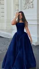 Simple Ball Gown Strapless Navy Blue Satin Pleated Long Prom Gowns N1877