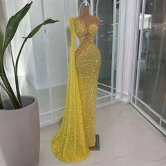 Gorgeous Sequined One Long Sleeve Evening Dresses Luxury O-Neck O-Neck Floor Length Mermaid Prom Dress AB1663