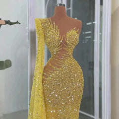 Gorgeous Sequined One Long Sleeve Evening Dresses Luxury O-Neck O-Neck Floor Length Mermaid Prom Dress AB1663