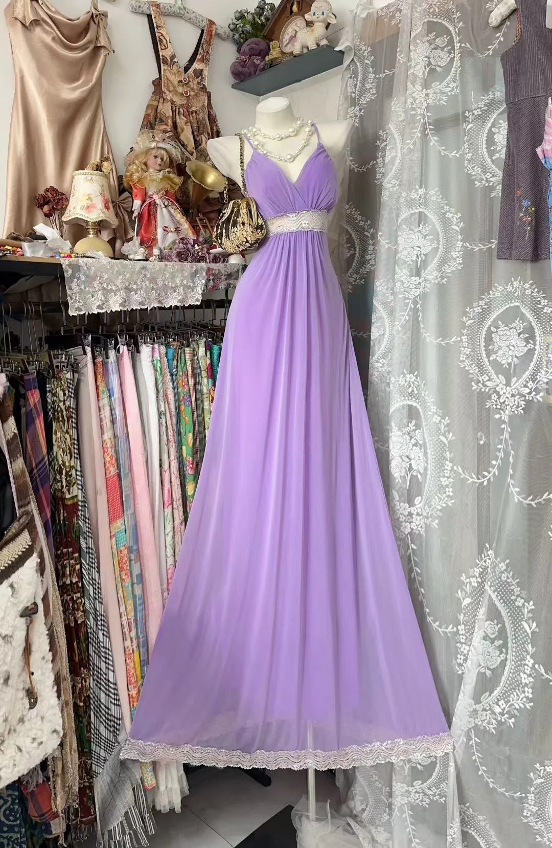 Vintage A line Spaghetti Straps 80s Lilac Chiffon Sleeveless Party Gowns Long Prom Dresses N1938