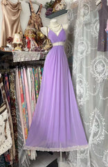 Vintage A line Spaghetti Straps 80s Lilac Chiffon Sleeveless Party Gowns Long Prom Dresses N1938