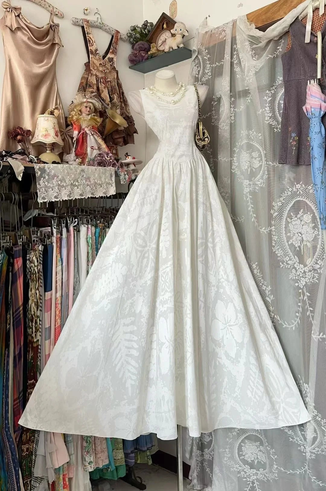 Vintage Ball Gown Scoop White Lace Formal Gowns Long Prom Dresses N1955