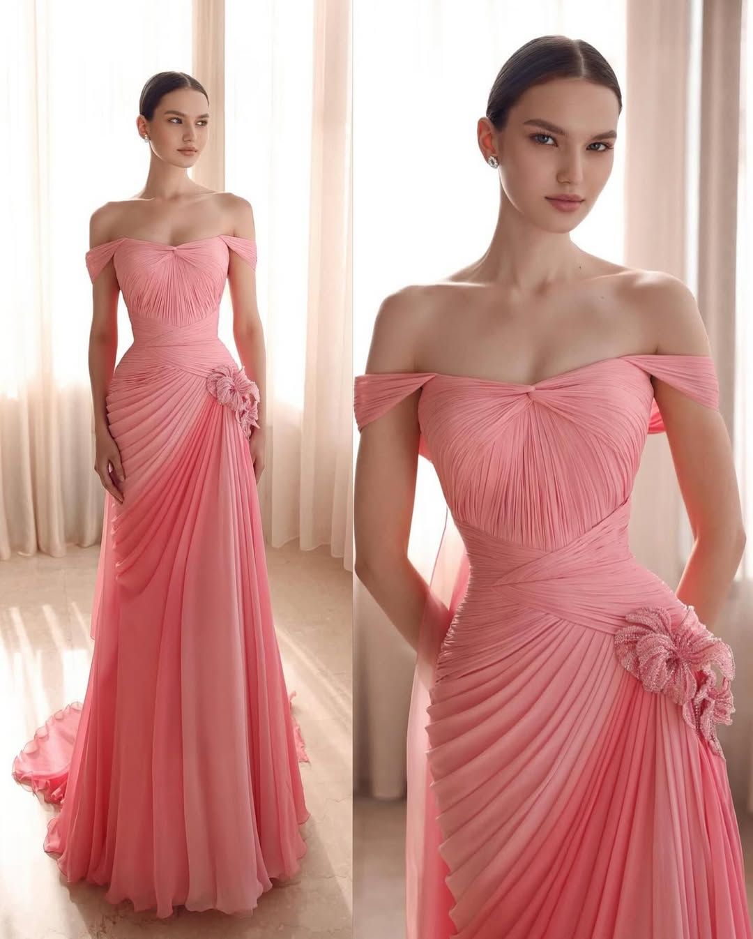 Elegant Mermaid Off The Shoulder Pink With Short Sleeves Chiffon Formal Dress 18th Birthday Prom Dresses N2805