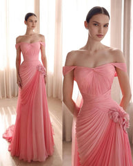 Elegant Mermaid Off The Shoulder Pink With Short Sleeves Chiffon Formal Dress 18th Birthday Prom Dresses N2805