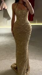 Modest Senior Prom Dresses High Schools Inspiration Mermaid Halter Gold Sequin With Pleated Semi Formal Grad Long Prom Dress For Teens AB1981