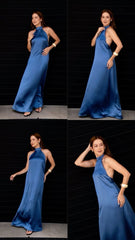 Vintage A line Navy Blue Halter Satin Formal Dress Long Prom Dresses N2802