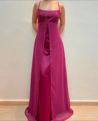 Simple A line Straps Hot Pink Satin With Beaded Sleeveless Long Formal Dress Gown 21st Birthday Prom Dresses N2414