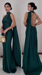 Women's Cocktail Party Gowns Mermaid One Shoulder Dark Green Backless With Pleated Long Graduation Dinner Outfit Prom Dresses AB1895