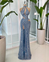 Classy Mermaid High Neck Slit Sequins Inspo For Women Girls Formal Party Gowns Long Prom Dresses AB1790