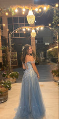 Dream A line Off The Shoulder Dusty Blue Tulle Prom Dress Women Long Formal Dance Evening Party Gowns AB1799