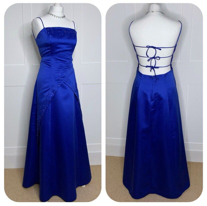 Modest A line Spaghetti Strap Royal Blue Satin With Beaded Sleeveless Long Formal Dress Gown 21st Birthday Prom Dresses N2415