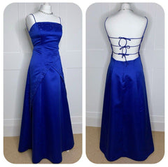 Modest A line Spaghetti Strap Royal Blue Satin With Beaded Sleeveless Long Formal Dress Gown 21st Birthday Prom Dresses N2415