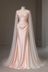 Lovely Pink Satin Mermaid Long Party Dress with Tulle, Pink Satin Floor Length Prom Dress AB1868