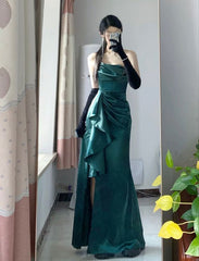 Pretty Sheath Strapless Floor Length Ruffles Slit Green Satin Prom Dresses AB1919