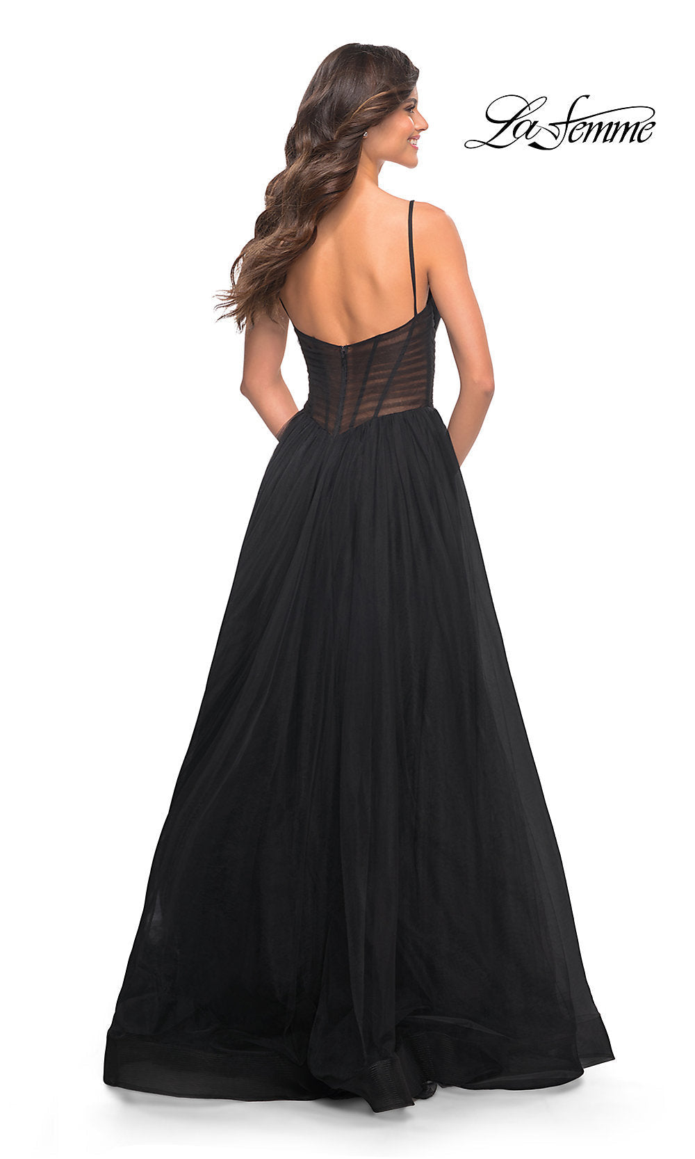 Sheer-Waist Long A-Line Prom Dress by La Femme