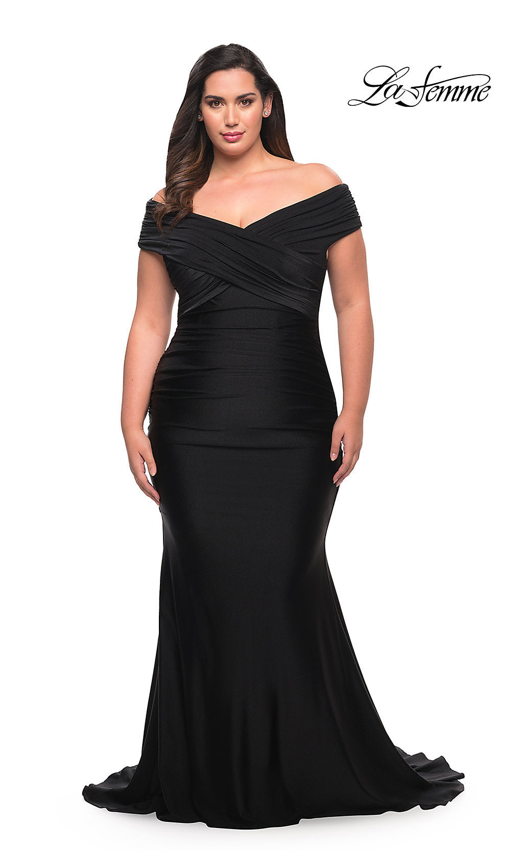 La Femme Off-Shoulder Long Plus-Size Prom Dress