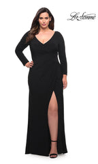 La Femme Plus-Size Long Sleeve Black Prom Dress