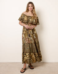 Animal Print Off The Shoulder Maxi Tiered Dress