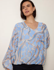 Abstract Print V Neck Puffball Top