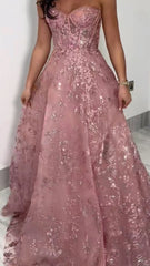 Sexy A Line Sweetheart Pink Sequins Long Sleeveless Formal Prom Dresses N2307