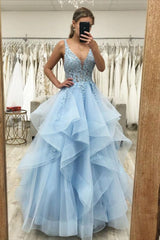 Dream Ball Gown Prom Dress Women V Neck Light Sky Blue Tulle Long Formal Dance Evening Party Gowns AB1798