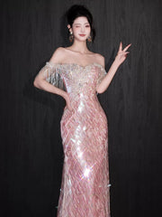 Glittery Mermaid Off The Shoulder Pink Sequins Short Sleeves Prom Dresses Inspiration Long Night Outfits Birthday Outfit AB2212