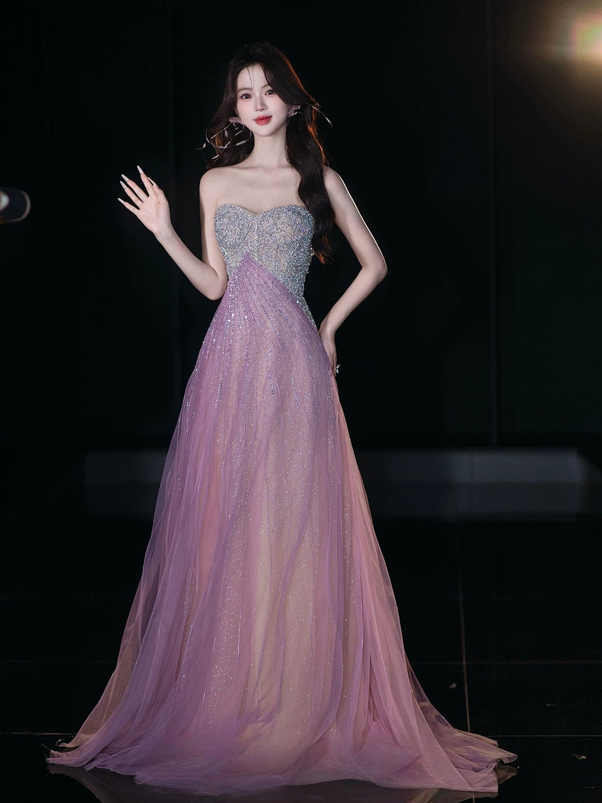 Glittery A Line Sweetheart Tulle Sequins Sleeveless Lilac Prom Dresses Inspiration Long Night Outfits Birthday Outfits AB2213