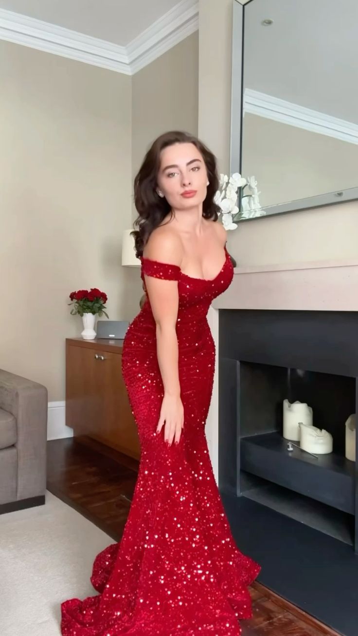 Classy Mermaid Off The Shoulder Red Sequins Long Inspo For Women Girls Formal Party Gowns Prom Dresses AB1794