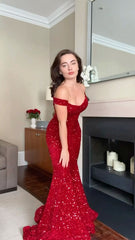Classy Mermaid Off The Shoulder Red Sequins Long Inspo For Women Girls Formal Party Gowns Prom Dresses AB1794