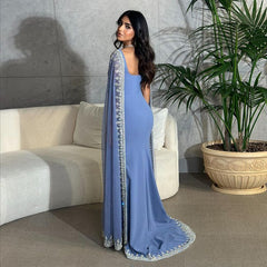 Vintage Dusty Blue Mermaid Evening Dress Applique Beaded Prom Dress Unique Cape Design Long Party Dress Birthday Outfits AB2313