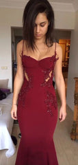 Mermaid Burgundy Spaghetti Straps Beaded Long Evening Prom Dresses Formal Dresses AB1853
